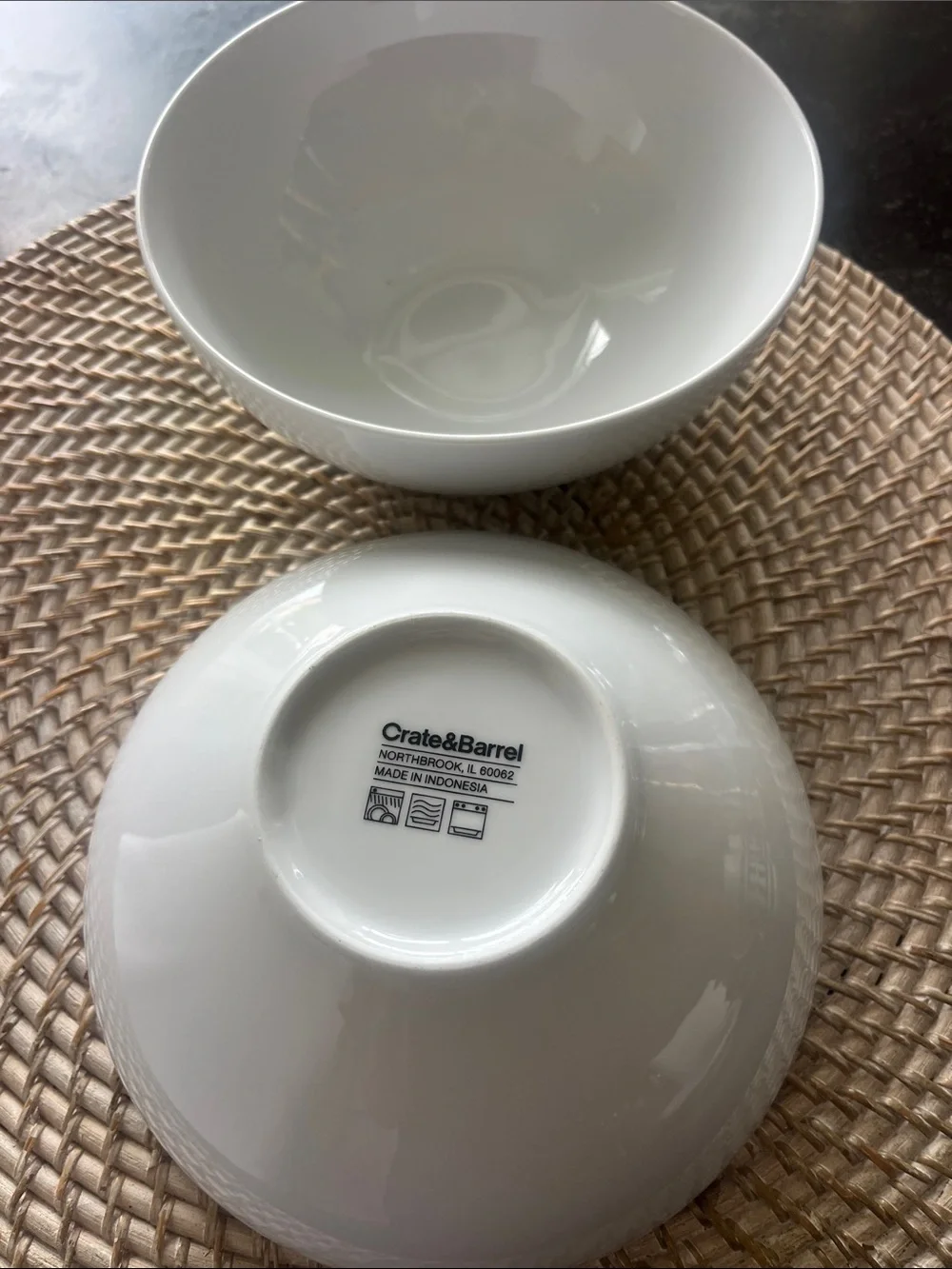 Crate & Barrel set of two white porcelain 7 inch round soup/salad bowls